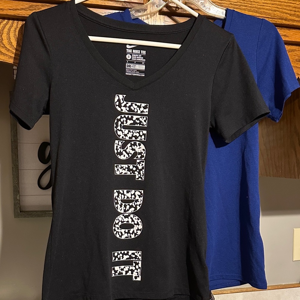 Lot of Two Women’s Nike Size Small V-Neck Just Do It Dri-Fit T-Shirts Black Blue